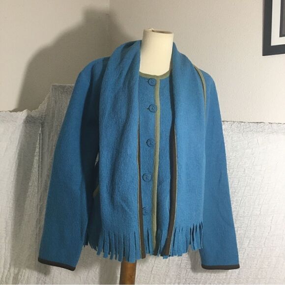 Hearts of Palm 100% Wool Blue Fringed Sweater Size Large - Picture 2 of 12